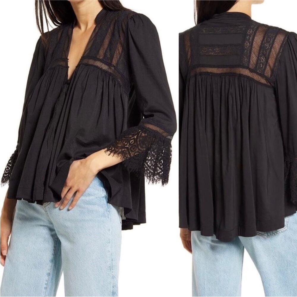 Free People Black Boho button down Lace Victorian Esme Top blouse sz medium